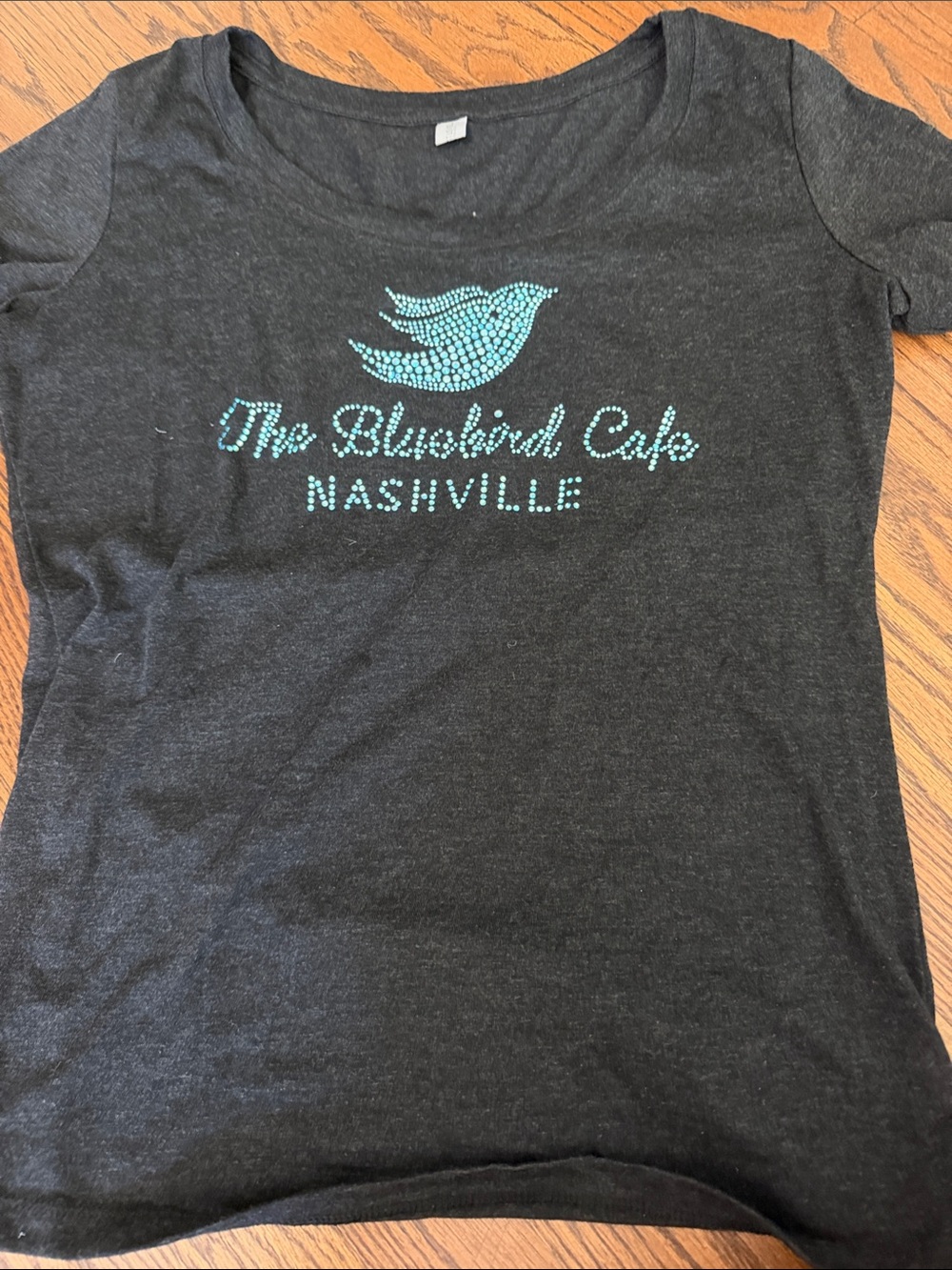 Like New Blue Bird Black Short Sleeve Tee with Rhinestone Teal Bird Graphic
